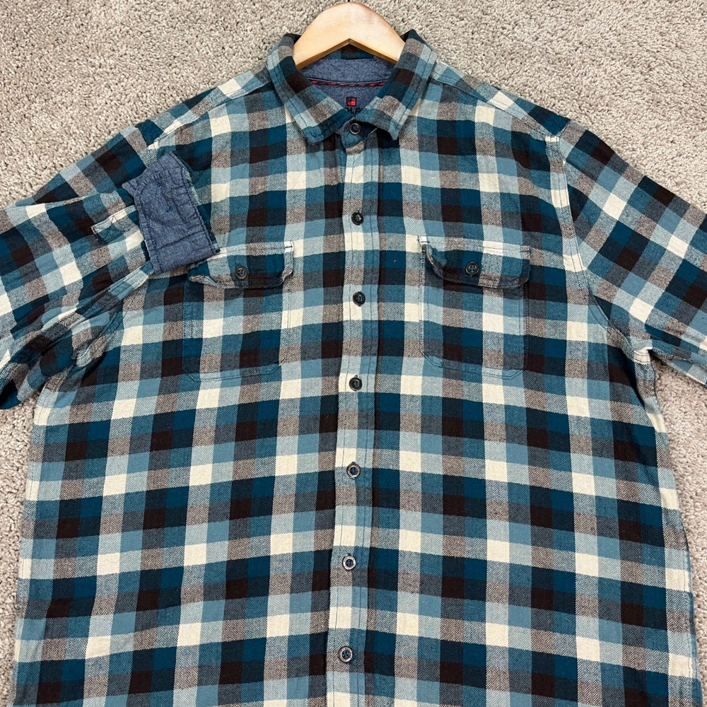 Woolrich Shirt Men XL Black White Blue Button Down Flannel Herringbone Flip Cuff